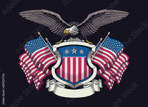 Hand Drawn Illustration of American Eagle with Shield and Ribbon