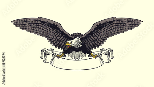 Hand Drawn Illustration of Pierce American Eagle Perched on Ribbon