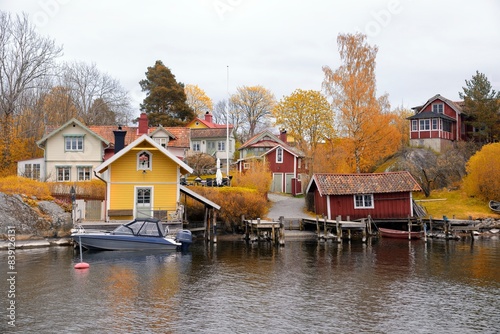 Houses by the water in Vaxholm, Stockholm archipelago photo