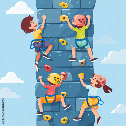 Children climb wall outdoor climbing facility. Boys girls helmets harnesses enjoy rock climbing. Young climbers engaged healthy sport activity