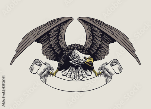 Vintage Hand Drawn Illustration Of  Bald Eagle and Blank Ribbon