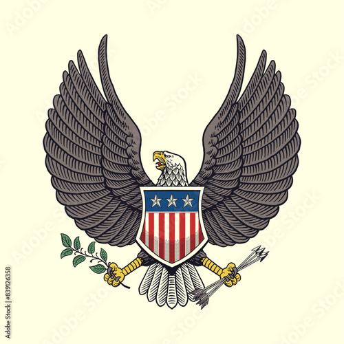 Vintage Hand Drawn Illustration of American Eagle Holding an Olive Branch And Arrows