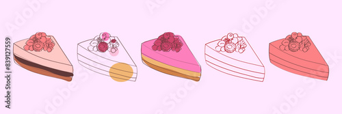 An illustration of five different cake slices, all topped with various berries.