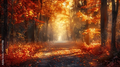 Vibrant autumn forest with a path covered in fallen leaves  illuminated by golden sunlight filtering through the trees. 