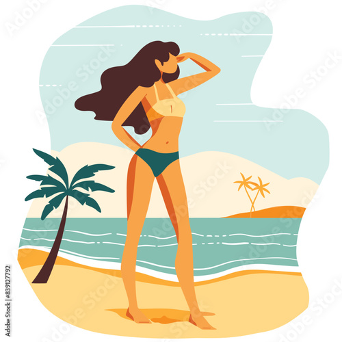 Woman standing beach looking ocean wearing bikini  Summer vacation tropical seaside. Female figure hand head long hair blowing  leisure holiday sandy coast palm tree. Attractive lady sunbathing