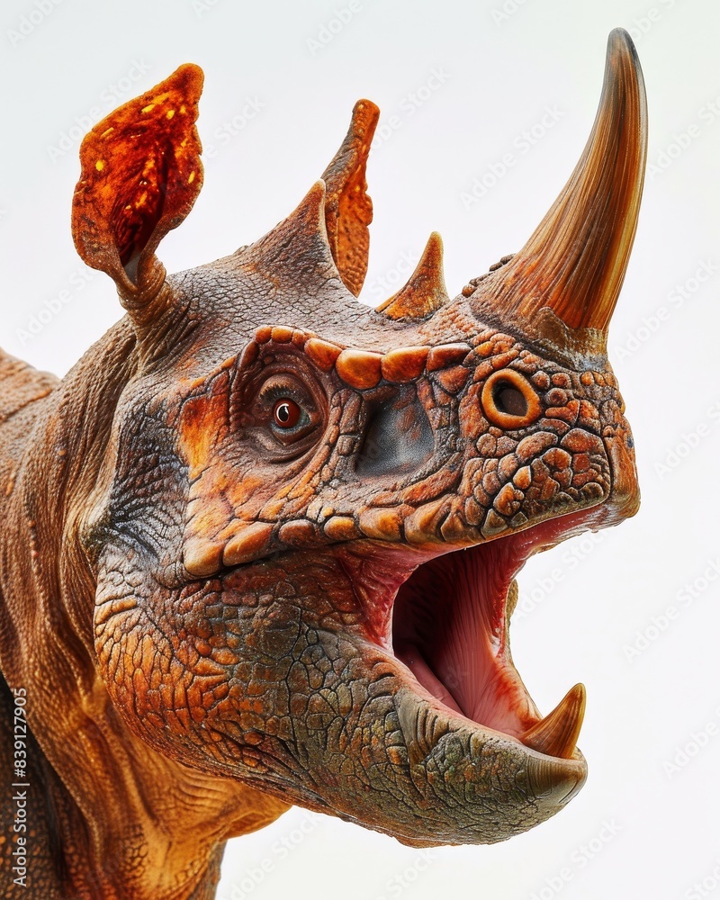Mystic portrait of Trioceros jacksonii, copy space on right side, Anger, Menacing, Headshot, Close-up View Isolated on white background Mystic portrait of Trioceros jacksonii, copy space on right side, Anger, Menacing, Headshot, Close-up View Isolated on white background