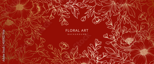Luxury floral red background with gold hand drawn flowers. Vector design template for postcard, wall poster, business card, flyer, banner, wedding invitation, print, cover, wallpaper