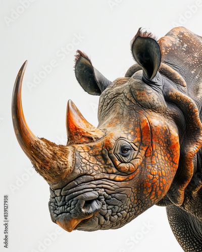 Mystic portrait of Trioceros jacksonii, copy space on right side, Anger, Menacing, Headshot, Close-up View Isolated on white background