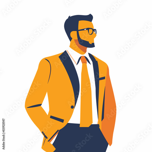 Businessman standing confidently, donning yellow suit tie glasses. Male corporate professional portrayed modern flat design. Stylish executive isolated, vibrant colors, vector illustration