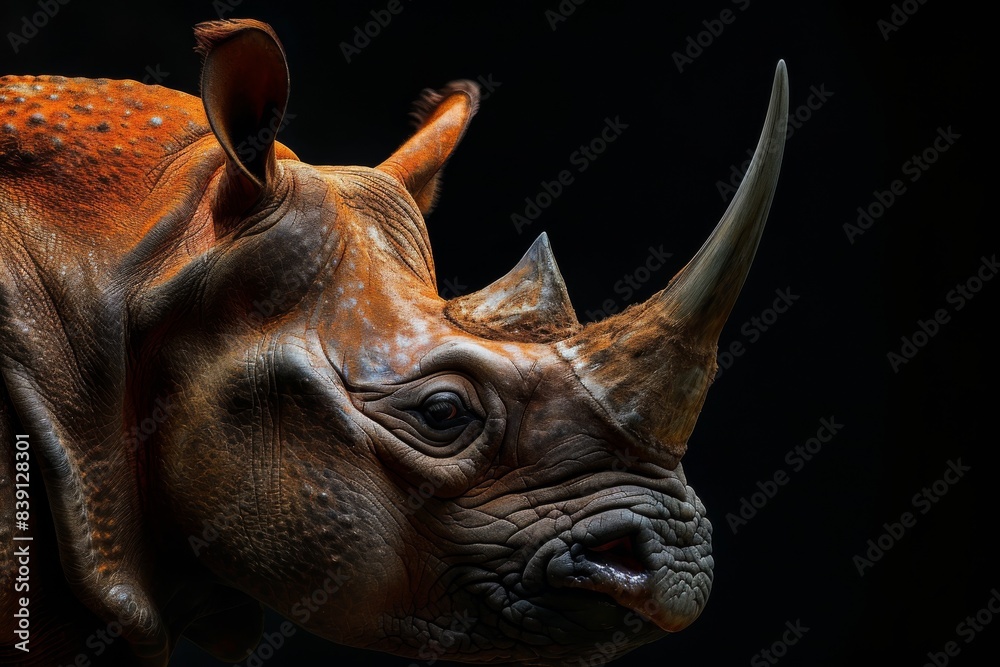 Fototapeta premium Mystic portrait of Trioceros jacksonii studio, copy space on right side, Anger, Menacing, Headshot, Close-up View Isolated on black background