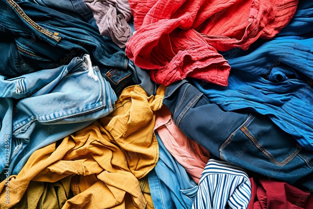 Pile of colorful clothes. Abstract background of used clothes for donation, online selling, recycling. Fast fashion, household, home wardrobe cleaning, uncluttering. Top, Generative AI