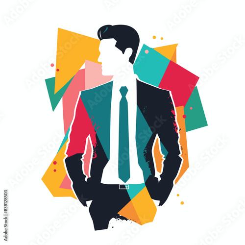 Businessman silhouette against colorful abstract geometric background. Professional male wearing suit, tie, hands pockets, confident posture. Corporate business, modern graphic design, isolated