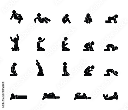 icon man kneeling, stickman set, silhouettes of people isolated, prayer illustration