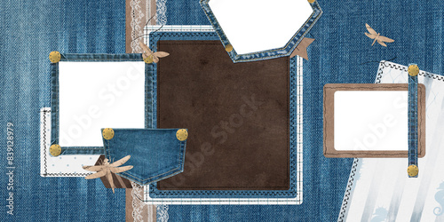 Denim abstract scrapbook quick double page design. Book, catalog two sides- template. Empty framework isolated universal use