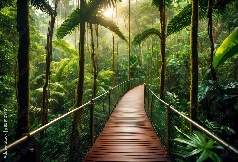 Obraz premium lush rainforest canopy walkway serenity jungle greenery nature adventure, trees, foliage, treetop, pathway, leaves, flora, wildlife, exotic, exploration, wilderness