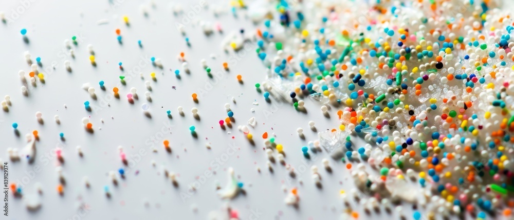 A close-up of scattered colorful microbeads on a white surface, highlighting plastic pollution and environmental issues. A close-up of scattered colorful microbeads on a white surface, highlighting plastic pollution and environmental issues.