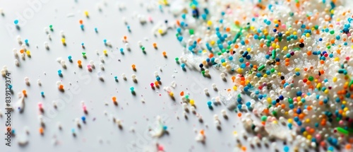 A close-up of scattered colorful microbeads on a white surface, highlighting plastic pollution and environmental issues. photo