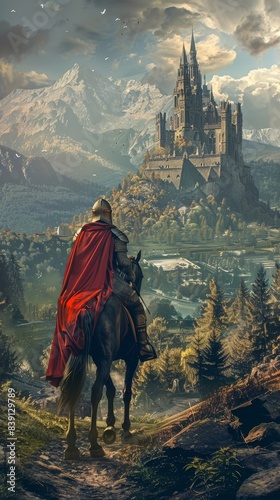 A knight in red cape rides through picturesque medieval landscape towards a grand castle amidst mountains under a cloudy sky. photo