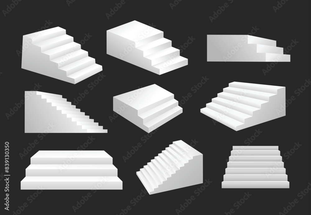 Set of White stairs with different view or angle, realistic staircases. Isolated on black background, mockup room front stand background. stair podium showcase design concept, vector illustration.
