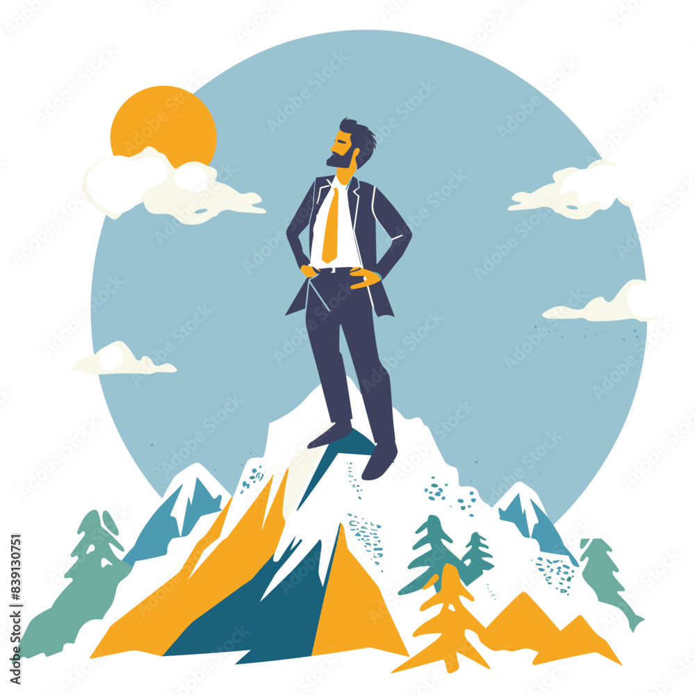 Fototapeta premium Businessman standing confident top mountain peak, success leadership concept. Confident male cartoon character, successful entrepreneur outdoor achievement. Ambitious executive conquer mountain