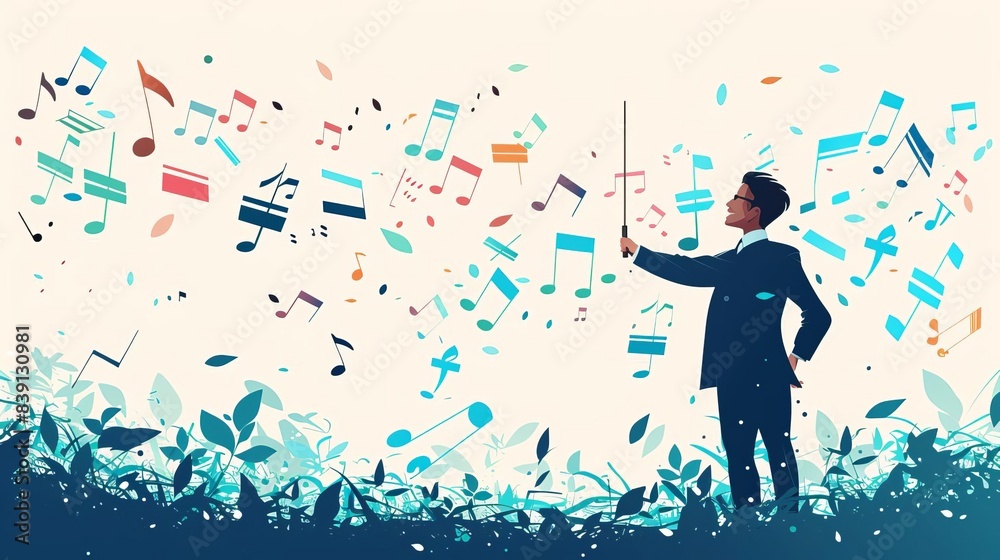 Salesperson as a conductor, closing deals with a baton, musical notes flying from tablet Salesperson as a conductor, closing deals with a baton, musical notes flying from tablet