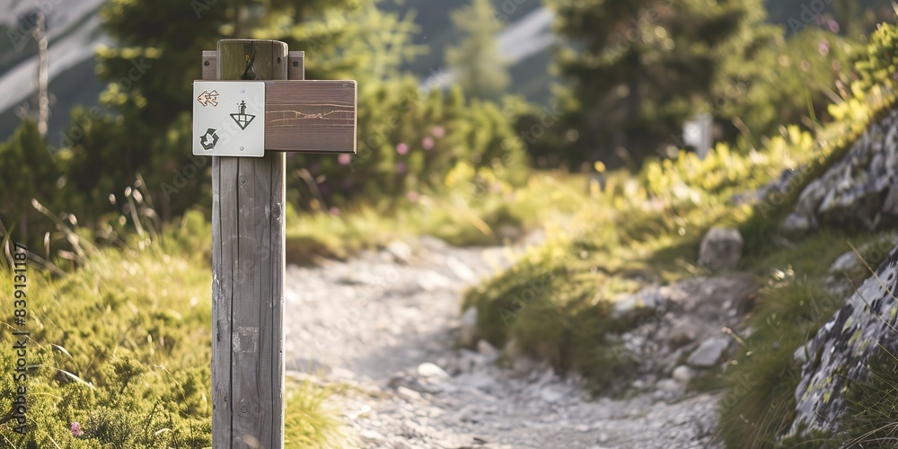Sustainable mountain travel, close-up on low-impact footpaths and signage, clear guidelines, late afternoon. Sustainable mountain travel, close-up on low-impact footpaths and signage, clear guidelines, late afternoon.