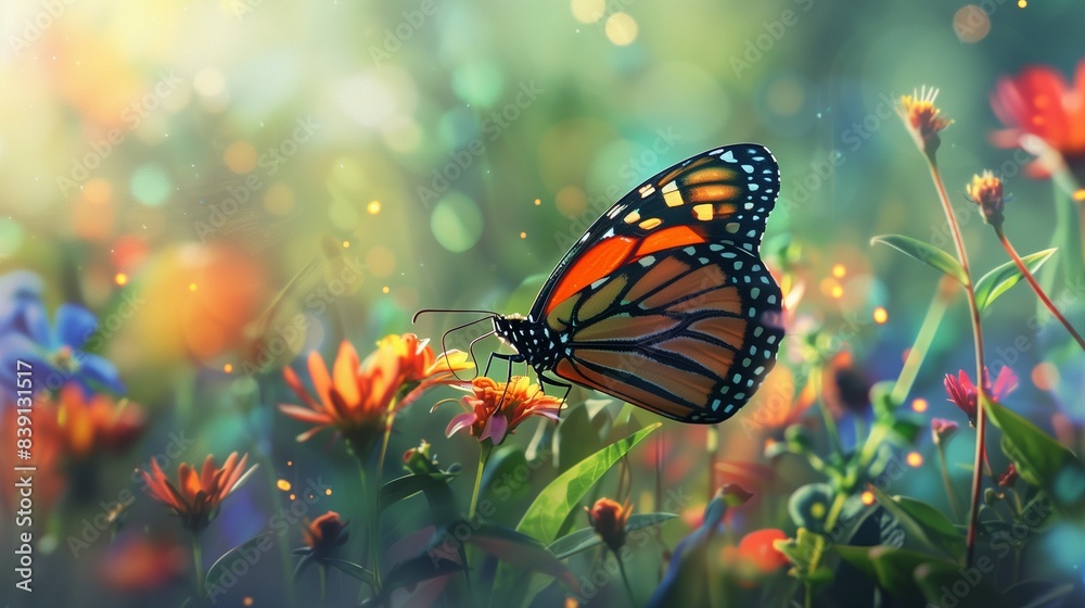 A regal monarch butterfly delicately sipping nectar from a colorful blossom in a sunlit meadow. A regal monarch butterfly delicately sipping nectar from a colorful blossom in a sunlit meadow.