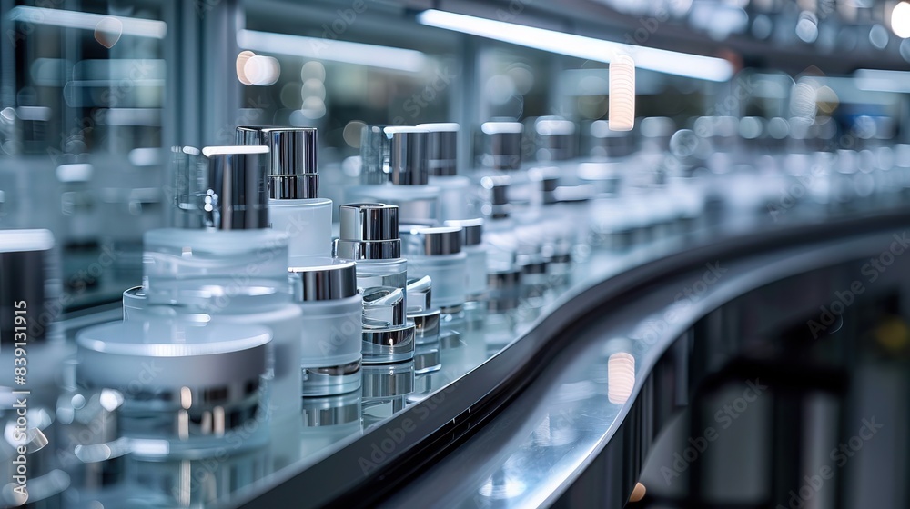Modern factory, an automated production line meticulously manufactures glossy luxury cosmetic packaging