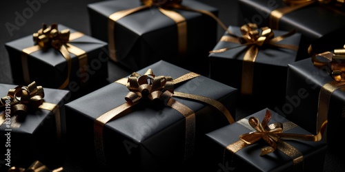 Arranged present gifts boxes wrapped in black paper with gold ribbon on black background, Generative AI © Mountain Fairy