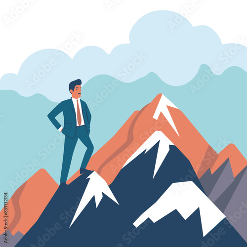 Businessman standing confidently atop mountain peak, success concept, goals achievement, career pinnacle. Man suit high mountain summit, business success, leadership symbol, ambition representation