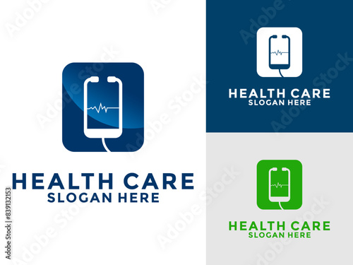 Doctor talk logo, Doctor Apps logo design template. Stethoscope and Smartphone logo Insipiration photo