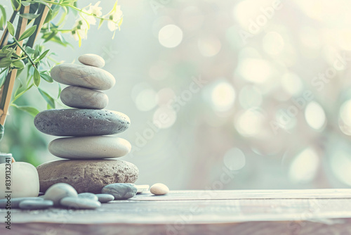 Soothing stacked stones and green foliage on a wooden surface create a peaceful and balanced zen atmosphere