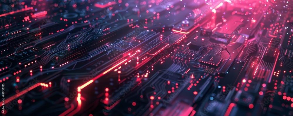 Digital circuit board with glowing pink lights showcasing modern technology, innovation, and electronic components in a futuristic design. Digital circuit board with glowing pink lights showcasing modern technology, innovation, and electronic components in a futuristic design.