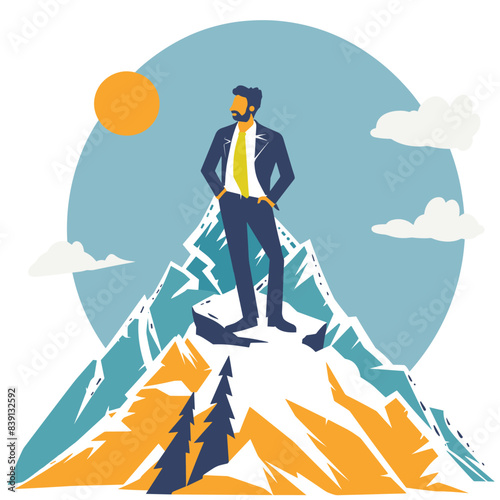 Successful businessman stands atop mountain, symbolizing achievement, ambition, success. Confident male entrepreneur, professional attire, conquering peak, concept leadership, goal attainment