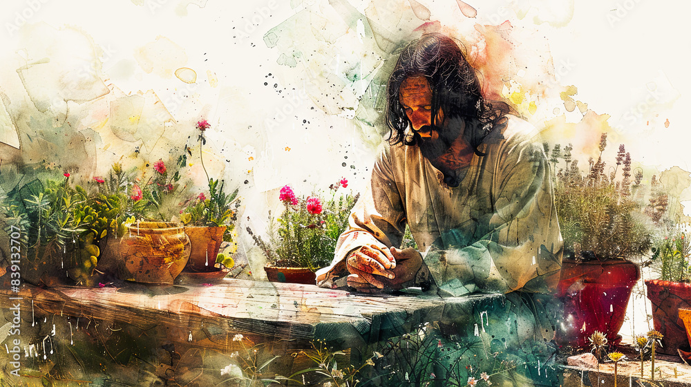 Fototapeta premium Digital watercolor painting of Jesus sitting at a rustic wooden table in a sunlit garden, surrounded by pots of blooming flowers and lush greenery, the sound of bees buzzing among the blossoms