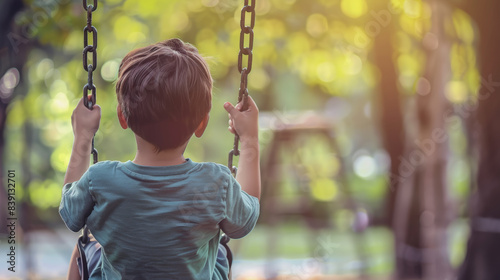 Thoughtful boy on a swing in a sunlit park, contemplating nature. photo