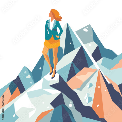 Woman standing atop mountain peaks, business attire, looking into distance. Confident female character summit, success achievement concept, stylized illustration. Modern businesswoman conquers