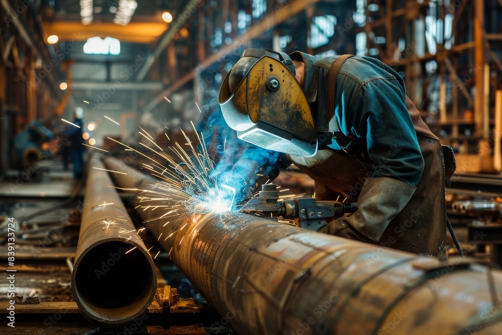 Welder at Work, Welding of Metal Parts at Industrial Plant, Industrial Worker Using Angle Grinder Welder at Work, Welding of Metal Parts at Industrial Plant, Industrial Worker Using Angle Grinder