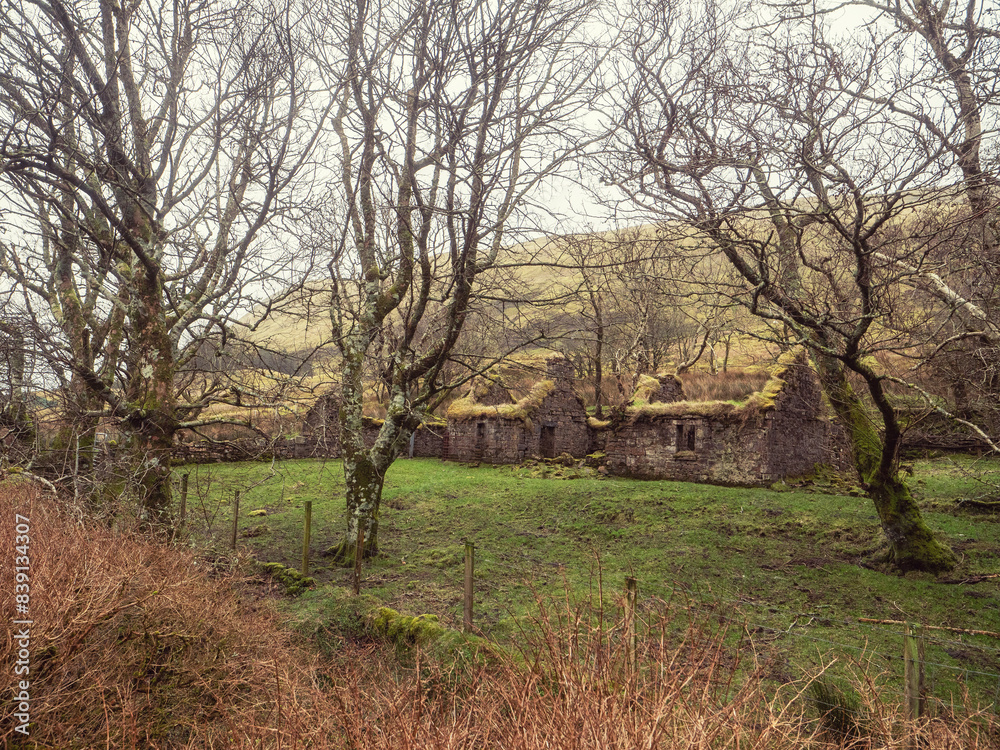 Picaresque old abandoned stone house in Irish country side, Mountains in the background. Small home and barn without roof and covered in green moss and old trees. Picaresque old abandoned stone house in Irish country side, Mountains in the background. Small home and barn without roof and covered in green moss and old trees.