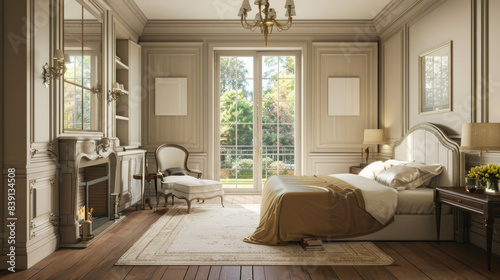 A sophisticated bedroom opens up to a lush garden view  radiating tranquility and luxury.