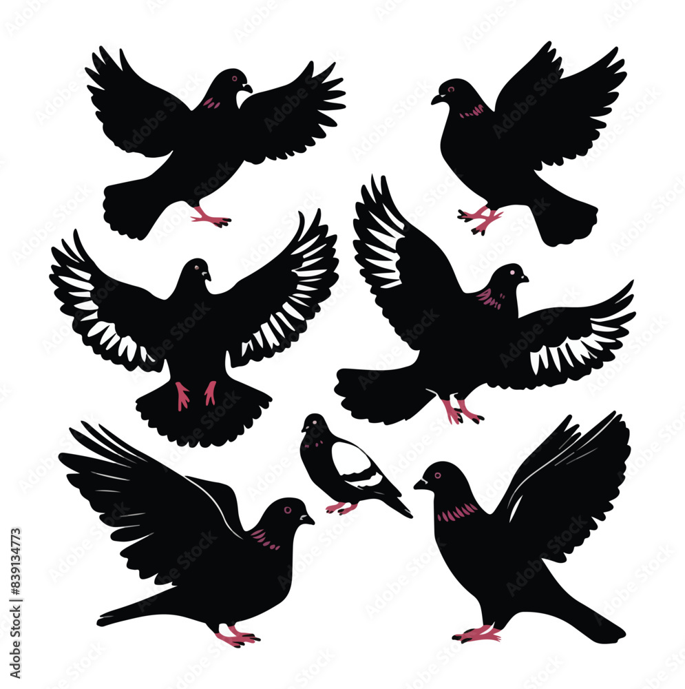 Obraz premium Six-set Pigeon silhouette on white background vector illustration.