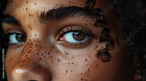 Close-up black eye, beauty salon treatment, classical lashes, brows lamination, problem skin, freckles © Herseliia