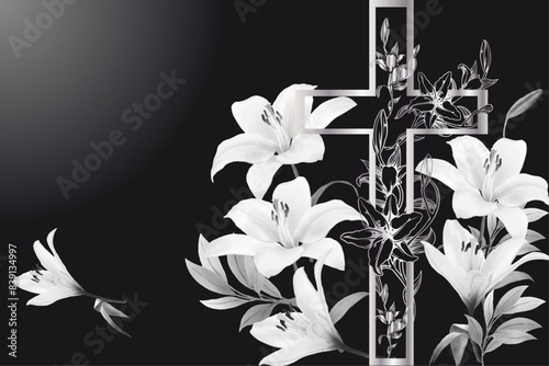silver Christian cross with silver lilies and white lilies