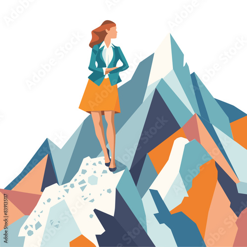 Businesswoman standing atop mountain peak, symbolizing success, ambition, achievement. Confident female executive overlooks valley, empowered triumphant stance, professional attire. Professional