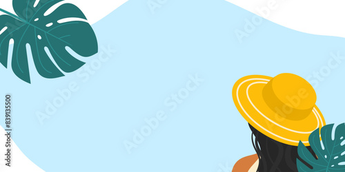 Tropical Background with Girl half sideways in yellow  Hat and green leaves. Mockup for Summer Party, flyer, greeting card, invitation, holiday, birthday. Design with Free Space For Text. 