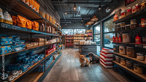 A section of the store dedicated to pet care products, including food, toys, and grooming supplies, all neatly organized