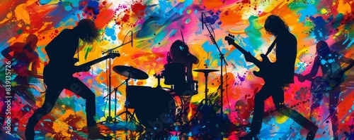 Vibrant silhouette of a band performing on stage against a colorful abstract background  capturing the essence of music and energy.
