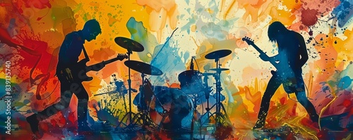 Vibrant watercolor painting of a rock band performing on stage with colorful splashes, capturing the energy and spirit of live music.