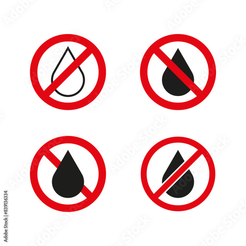 No water symbol. Red prohibition circle. Black water drop. Vector icon.