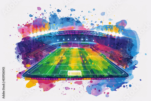 Copy space in watercolor style graphics with colorful football stadium for t-shirt prints. for fashion graphics, sport illustrations, silkscreen printing and home decor. Summer Olympic Games in France